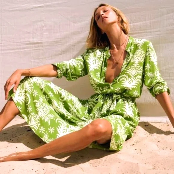 Zara Lilou Belted Green & White Floral Midi Sub Dress - Medium - Picture 9 of 11